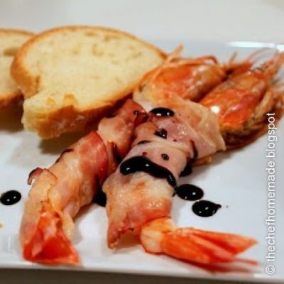 Gamberoni con pancetta croccanet e balsamico