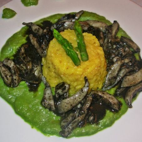 Seppie al nero con crema di asparagi e riso giallo