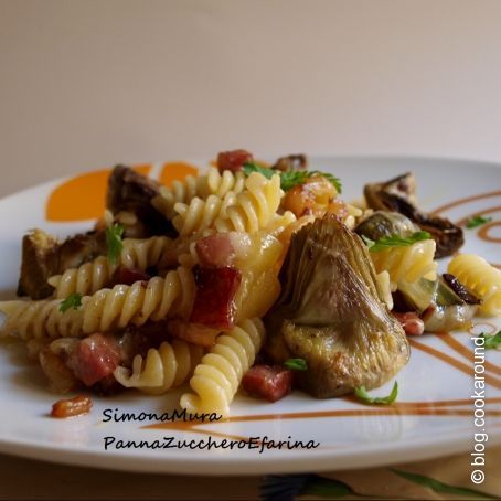 Fusilli con carciofi, gamberetti, cotto ed Edamer