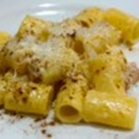 Rigatoni con crema di robiola, guanciale e curry